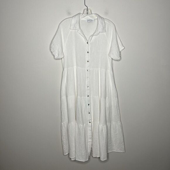 Petal & Pup Gauzy Tiered Button Front Midi Dress Size 6 Pockets Flowy Lagenlook - Picture 7 of 11